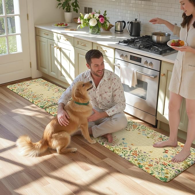 KIMODE Anti Fatigue Kitchen Mats for Floor 20"x59"+20"x32", Cushioned Farmhouse Kitchen Rugs, Non Slip Waterproof Kitchen Floor Mats, Comfort Standing Mats for Laundry Office Sink Desk Brown