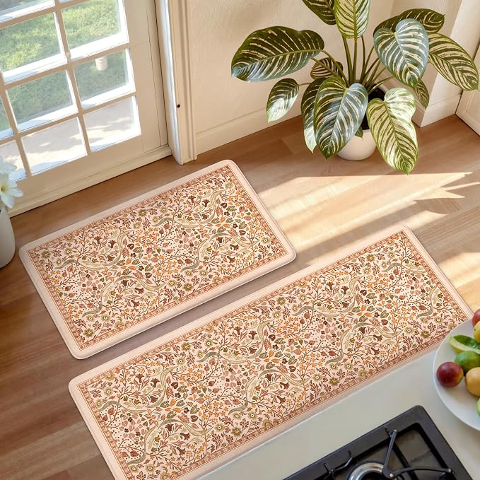 Collive Fall Orange Floral Kitchen Mats, Cushioned Anti Fatigue Kitchens Rugs Set of 2 Non Slip Desk Mats, Waterproof Sink Mat Comfort Standing Rug for Home Office Decoration