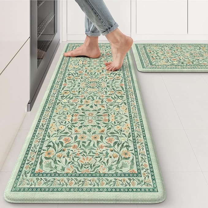 KIMODE Anti Fatigue Mats for Kitchen Floor, 17.3"x29"+17.3"x47" Farmhouse Kitchen Rugs Sets of 2, Cushioned Kitchen Mats for Floor Non Slip, Padded Standing Desk Mat for Sink Laundry Desk Green