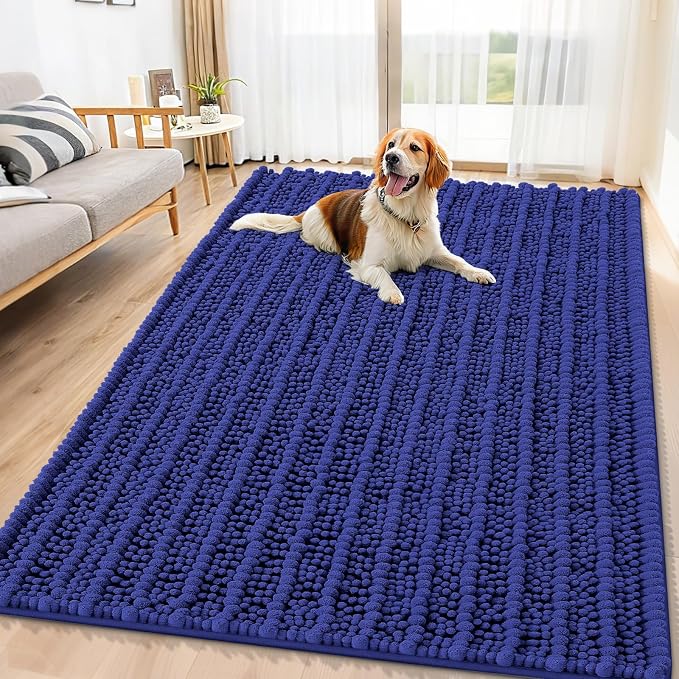 Smiry Dog Door Mat for Muddy Paws 71x46, Absorbent Dirt Trapper, Non-Slip Washable Chenille Entryway Rug for Inside Floor, Navy Blue, Layered Pattern