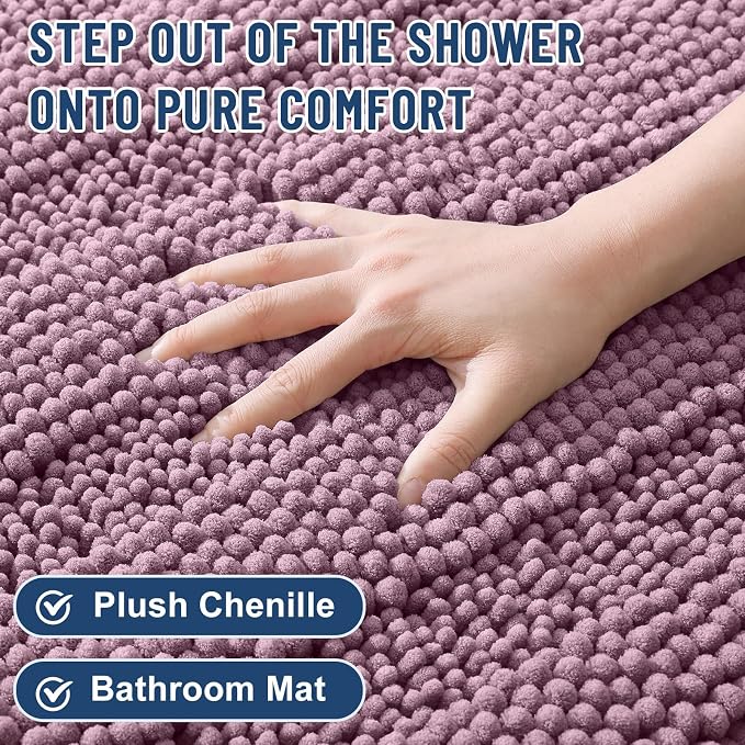 Grandaily Chenille Striped Bathroom Rugs 44x24, Extra Thick and Soft Absorbent Bath Mats, Rubber Backing, Plush Shaggy Shower Carpet, Machine Wash Dry, Bath Rug for Bathroom, Deep Plum