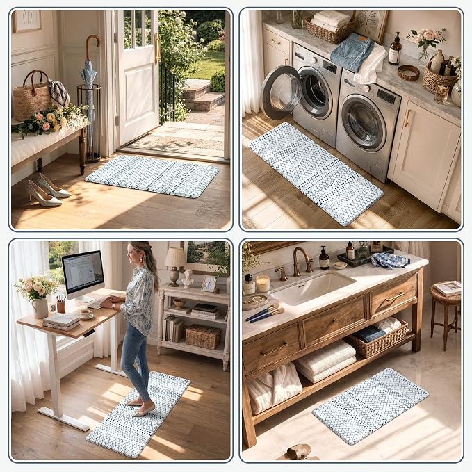 KIMODE Kitchen Mats 2PCS Cushioned Anti Fatigue Boho Kitchen Rugs and Mats Non Slip Waterproof Kitchen Mats for Floor Comfort Foam Standing Desk Mat for Home Office Sink Blue White Laundry Room Decor