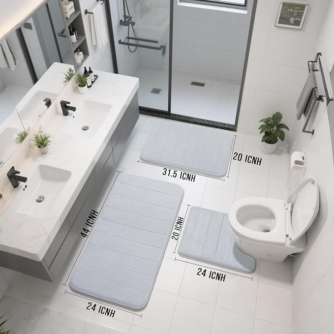 Yimobra 3 Pieces Memory Foam Bath Mat Set with U-Shaped Toilet Rug - Non Slip Super Soft Absorbent Quick Dry Bathroom Rugs for Bathtub, Vanity & Toilet Base, Silver