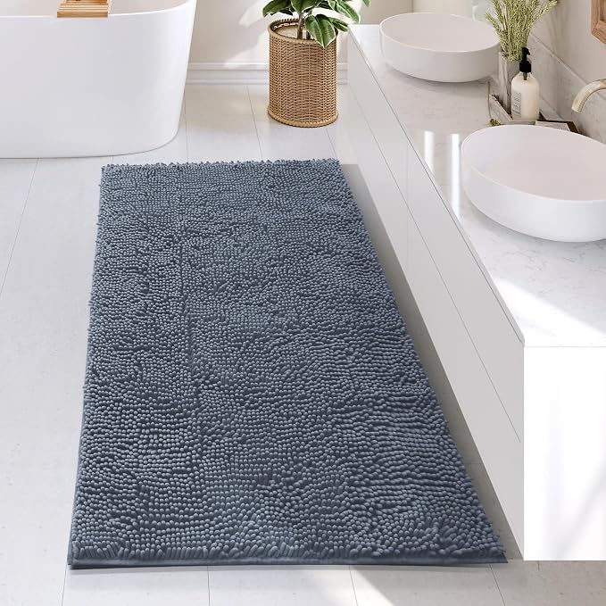 Hearth & Harbor Bathroom Rugs, Chenille Bath Mat - Machine Washable Bath Mats for Bathroom Non-Slip Backing Rubber, Quick Dry Bathroom Mat, 26 x 44 - Stone Blue