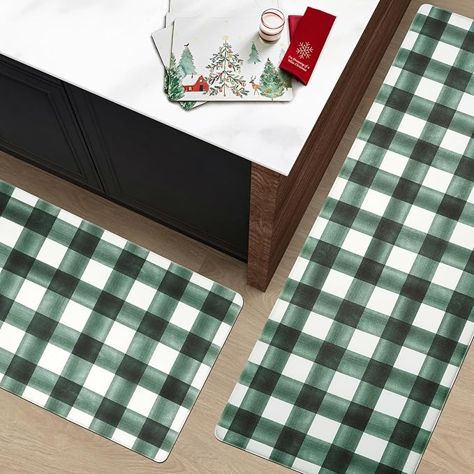 FRESHMINT Modern Farmhouse Plaid 2 Piece Set Kitchen Mats for Floor Anti Fatigue Waterproof & Non-Skid Kitchen Rugs Cushioned Kitchen Mat for Standing Washable Comfort Desk Kitchen Runners