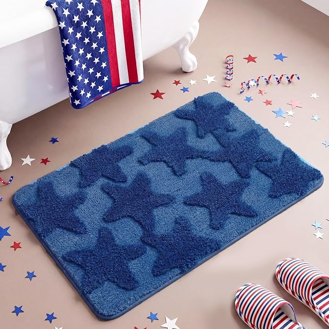 Capoda 1 Pcs Patriotic Bathroom Rug 20 x 30 Inch 4th of July Star Bath Mat Non-Slip Soft Microfiber 4th of July Shower Rug for Independence Day Home Kitchen Bathroom Entrance Decor(Star, Blue)