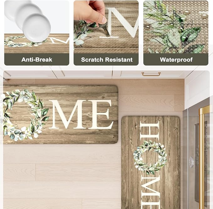 KIMODE Kitchen Mats Cushioned Anti Fatigue, 17"x47"+17"x29" Farmhouse Kitchen Rugs Sets of 2, Non Slip Kitchen Mats for Floor, Padded Kitchen Floor Mats for Sink, Laundry, Desk Khaki