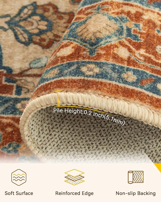 RELEANY Area Rugs Large 9'x12' Washable Non-Slip, Floral Vintage Distress Medallion Carpet for Living Room Bedroom Dining Room, Red Orange Blue Brown
