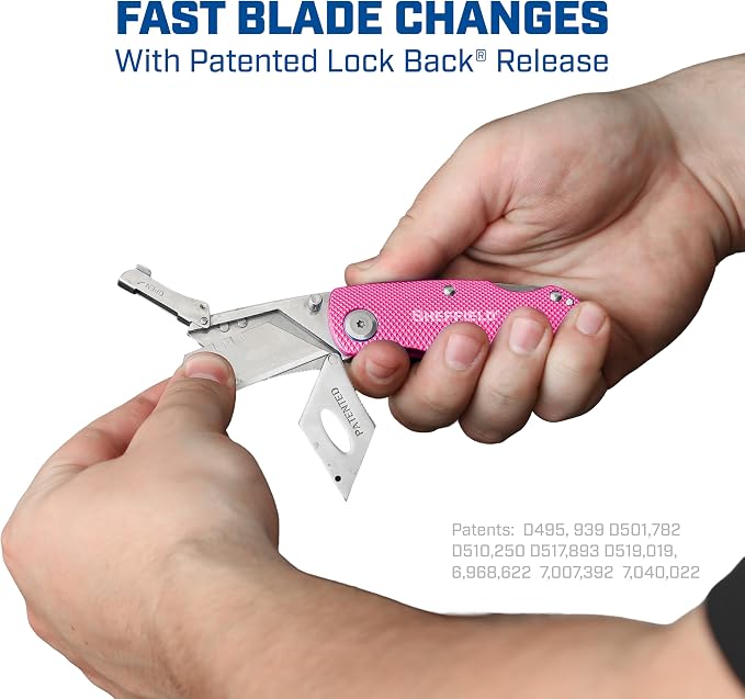 Sheffield 12346 Lock Back Utility Knife 4 Pack with 10 Blades, Quick Change Folding Box Cutter, Aluminum Handle Utility Knives with Pocket Clip, Pink & Purple