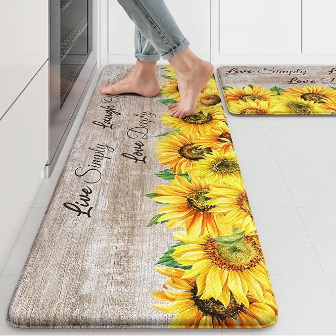 KIMODE Anti Fatigue Kitchen Mat for Floor, Farmhouse Sunflower Kitchen Rugs 2 PCS, Kitchen Floor Mats Non-Slip Cushioned, Comfort Standing Mat for Sink, Laundry, Desk Brown 17"x47"+17"x29"