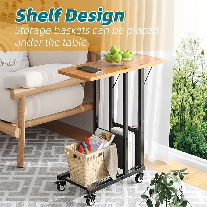 Simple Trending C Shaped End Table, Folding TV Tray Couch Side Table for Sofa on Wheels, Black