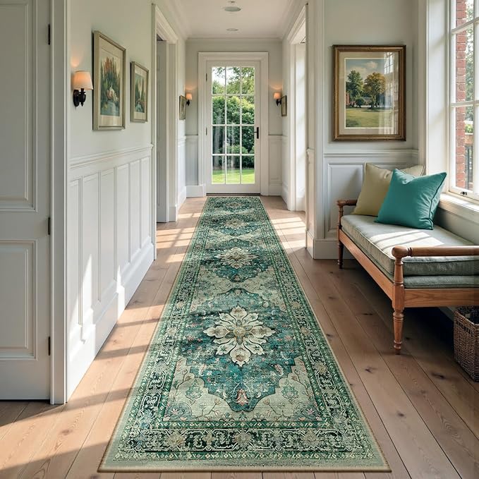 RELEANY Area Rugs Runner 2'6"x12' Washable Non-Slip, Floral Vintage Distress Medallion Carpet for Kitchen Hallway Bedroom Beside Laundry Room Bathroom, Dark Blue Vintage