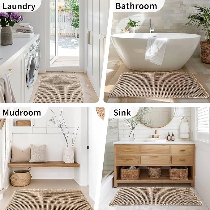 Waffle Runner Bath Mat - Long Boho Bathroom Rugs Non Slip Washable, Super Absorbent & Quick Dry, Soft Bath Mat Farmhouse Bathroom Decor, 24'' x 60'', Khaki
