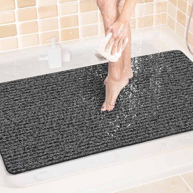 LuxStep Shower Mat Bathtub Mat,40x24 inch, Non-Slip Bath Mat with Drain, Quick Drying PVC Loofah Bathmat for Tub,Shower,Bathroom,Black