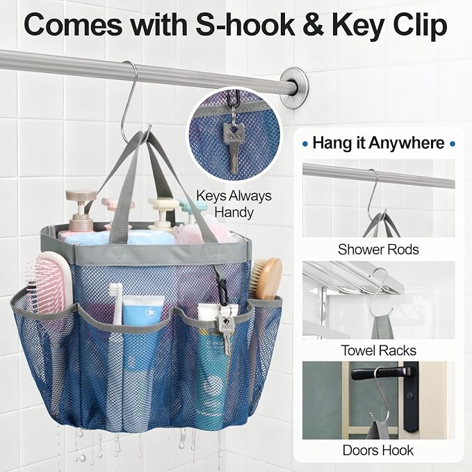 F-color Mesh Shower Caddy Portable - Navy Blue, Upgrade Deeper 7 Pockets Shower Bag Basket Tote for College Dorm Room Toiletry Bathroom Essentials Gym Camp Quick Dry 2 handles with S Hook