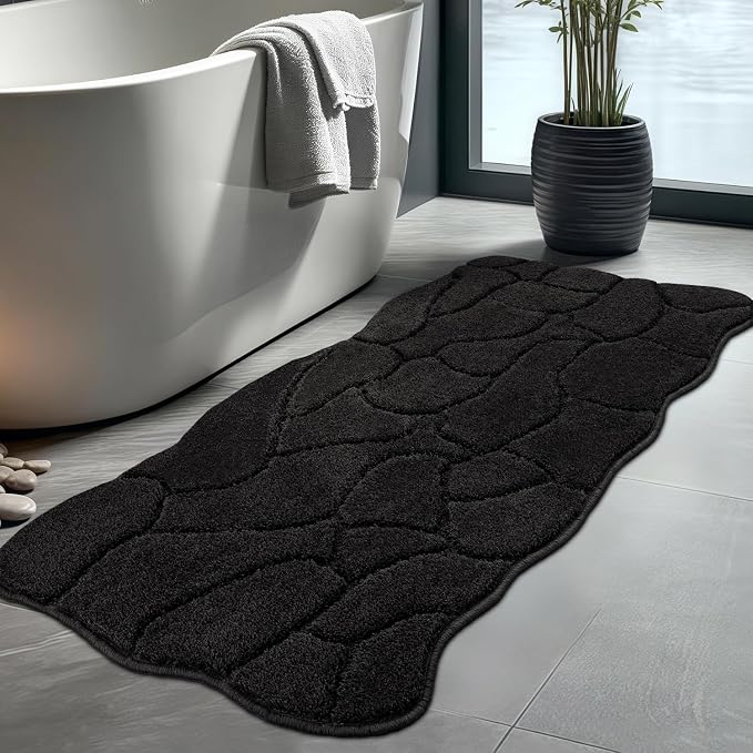 Large Bathroom Rugs Runner, 22x47 Extra Soft Absorbent Shaggy Long Bath Mats, Non-Slip Machine Washable Modern Bath Carpet Runner for Bathroom Laundry Room Kitchen (Black)