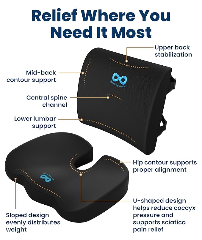 Everlasting Comfort Doctor Recommended Memory Foam Seat Cushion for Office Chairs & Car - Ergonomic Office Desk Accessories - Cushions for Tailbone Pain Relief, Sciatica (Black Airflow Lumbar, Large)