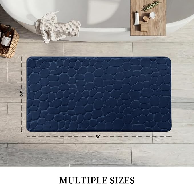 YIHOUSE Memory Foam Runner Rug, Cobblestone Bathroom Runner Rugs Super Water Absorbent Bath Mats for Bathroom Machine Washable Bath Rugs for Hallway Bedroom Laundry Room(26 x 50,Dark Blue)