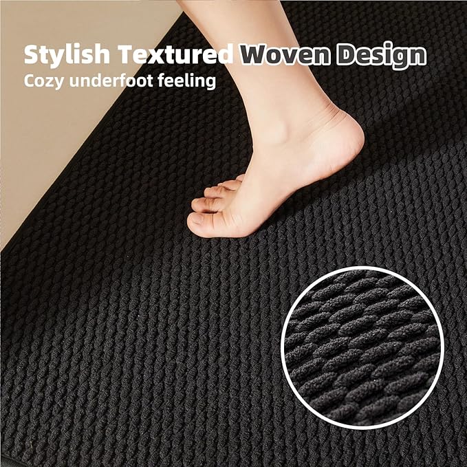 TYUU Black Bathroom Runner Rug, Long Bath Mat Washable Thin Quick Dry Low Pile Bathroom Runner Rugs 24 x 60 Non Slip, Black 24''x60''