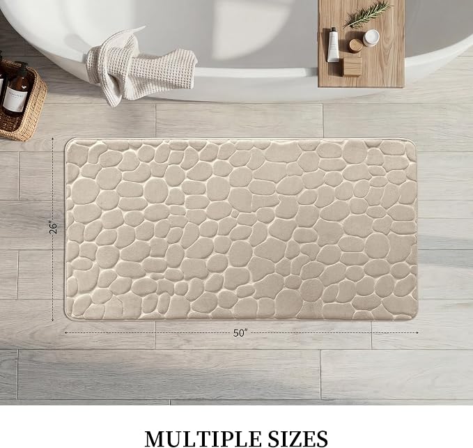 YIHOUSE Memory Foam Runner Rug, Cobblestone Bathroom Runner Rugs Super Water Absorbent Bath Mats for Bathroom Machine Washable Bath Rugs for Hallway Bedroom Laundry Room(26 x 50,Khaki)