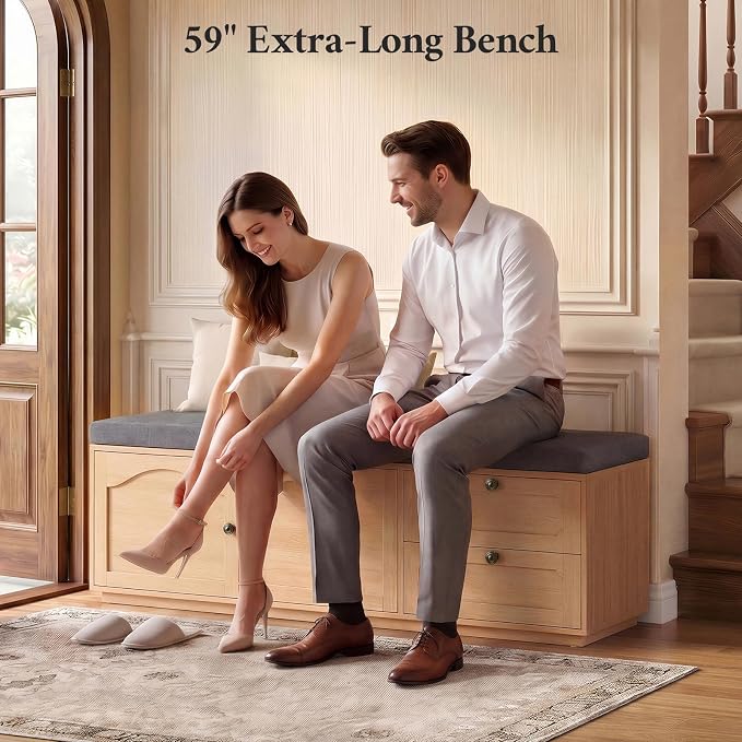 59" Storage Bench with Drawer, 2-Tier Shoe Bench with Doors, Long Entryway Bench, Thickened Cushion, Adjustable Shelf, Recessed Design for Entryway, Bedroom, Living Room, Natural