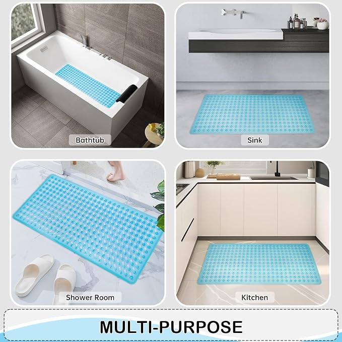 Non-Slip Bathtub and Shower Mats, Power Grip Bath Mat 35 x 16.3 Inch with Suction Cups and Drain Holes for Tub Bathroom Floor Safety, Machine Washable Soft Bathmat, Clear Blue