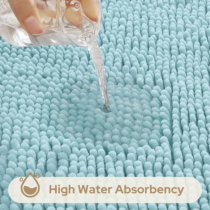 HOMEIDEAS 3 Pieces Bathroom Rugs, Ultra Soft Non Slip Absorbent Chenille Toilet Bath Mat Set (Light Blue)