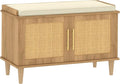 Akxomel Rattan Shoe Storage Bench with Cushion, 2-Tier Entryway Bench with Adjustable Shelves and 2 Doors, 15" D x 31.5" W x 20" H, Solid Wood Legs, for Hallway, Living Room, Bedroom, Natural Oak