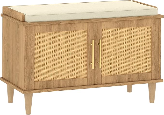 Akxomel Rattan Shoe Storage Bench with Cushion, 2-Tier Entryway Bench with Adjustable Shelves and 2 Doors, 15" D x 31.5" W x 20" H, Solid Wood Legs, for Hallway, Living Room, Bedroom, Natural Oak