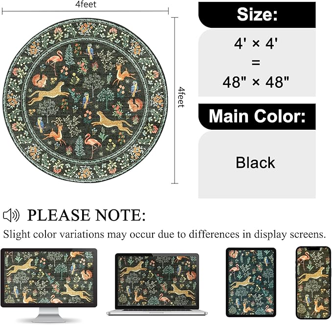 DUKINO 4ft Round Rug, Washable Round Area Rug, Non Slip Indoor Low Pile Animal Design, Soft Small Vintage Circle Carpet for Bedroom, Entryway, Living Room, Dining Room, Black