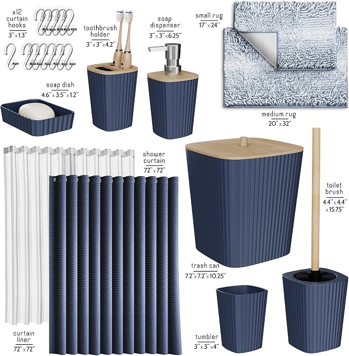 Clara Clark Bathroom Accessories Set - Bathroom Set, Bathroom Sets with Shower Curtain and Rugs, Shower Curtain Set with Bathroom Trash Can - Ombre Navy - 22PC