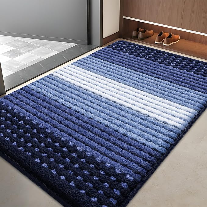 Kitinjoy Indoor Outdoor Door Mat, 40x32 Non-Slip Absorbent Dirt Trapper, Low-Profile Washable Inside Entrance Front Floor Mat, Sturdy Soft Entry Dotted Ombre Doormats for Entryway, Navy Blue