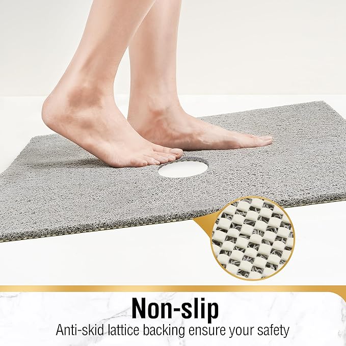 HITSLAM Square Shower Mat, 47 x 47 Inch Non Slip Bath Mat for Tub, Soft PVC Loofah Bathtub Mats with Drain Holes, Quick Drying Bathroom Stall Floor Mat, Bathroom Accessories Without Suction Cup, Grey
