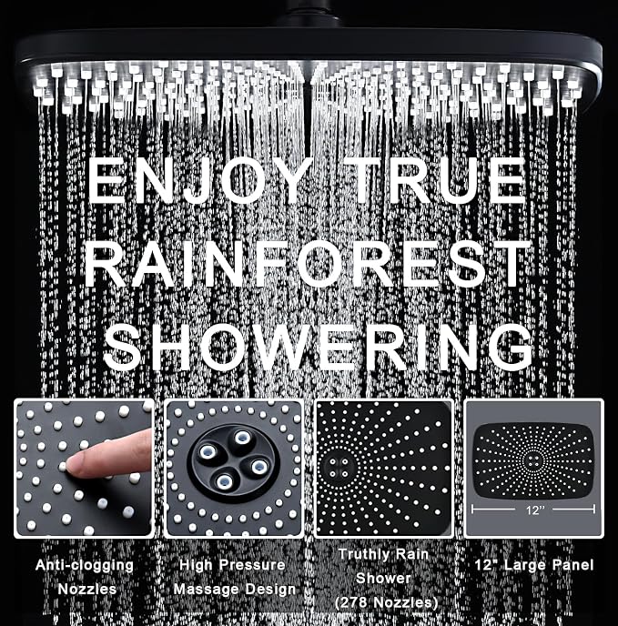 BOZYBO Rain Shower Head with Handheld: High Pressure Shower Heads with Handheld Spray Combo, 12" Rainfall Shower Head and 9 Sprays Hand Showerheads with Magnetic Docking and Power Jets, Matte Black