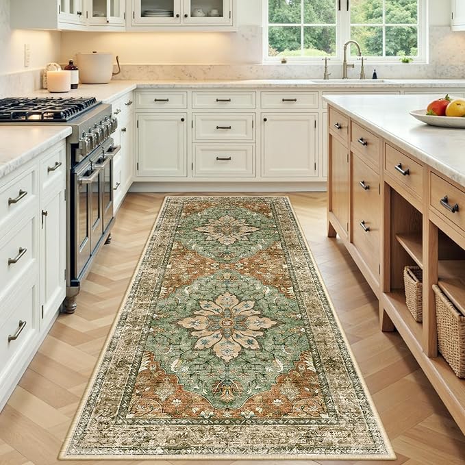 RELEANY Area Rugs Runner 3'x8' Washable Non-Slip, Floral Vintage Distress Medallion Carpet for Kitchen Hallway Bedroom Beside Laundry Room Bathroom, Terracotta Burnt Orange Green