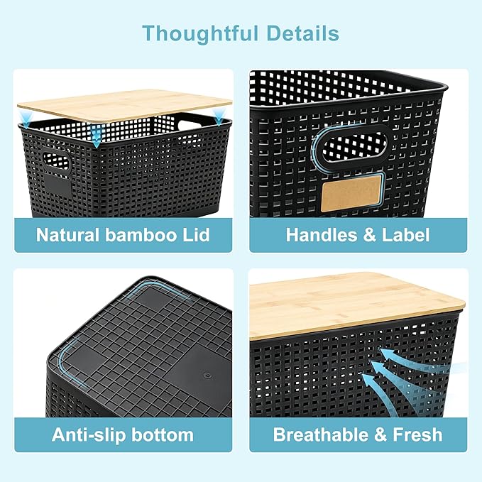 Bagnizer 2 Pack Tall Plastic Storage Bins with Bamboo Lids, 10.8qt Stackable Storages Baskets for Organizing Desktop Closet Playroom Classroom Office, 12"L x 8.3"W x 6.1"H, Black