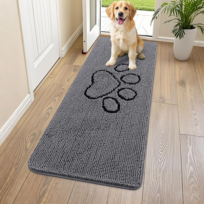 Smiry Dog Door Mat for Muddy Paws, Absorbent Dirt Trapper Non Slip Quick Dry Washable Chenille Mat for Mud Dogs, Entry Rug for Indoor and Outdoor (59x24 Inches, Dark Grey and Black)