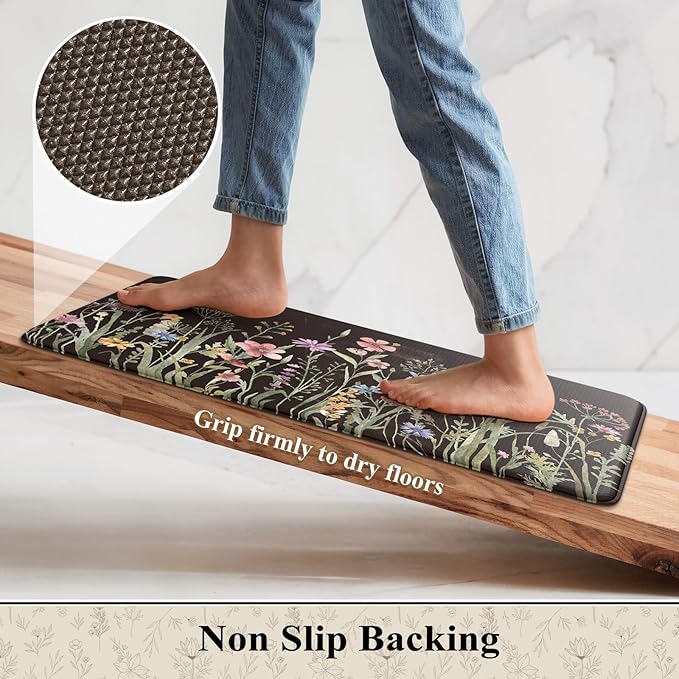 KIMODE Anti Fatigue Mats for Kitchen Floor 17"x47"+17"x29", Farmhouse Floral Kitchen Rugs Sets of 2, Cushioned Kitchen Floor Mats, Non Slip Standing Mat for Sink, Laundry, Office, Desk Black
