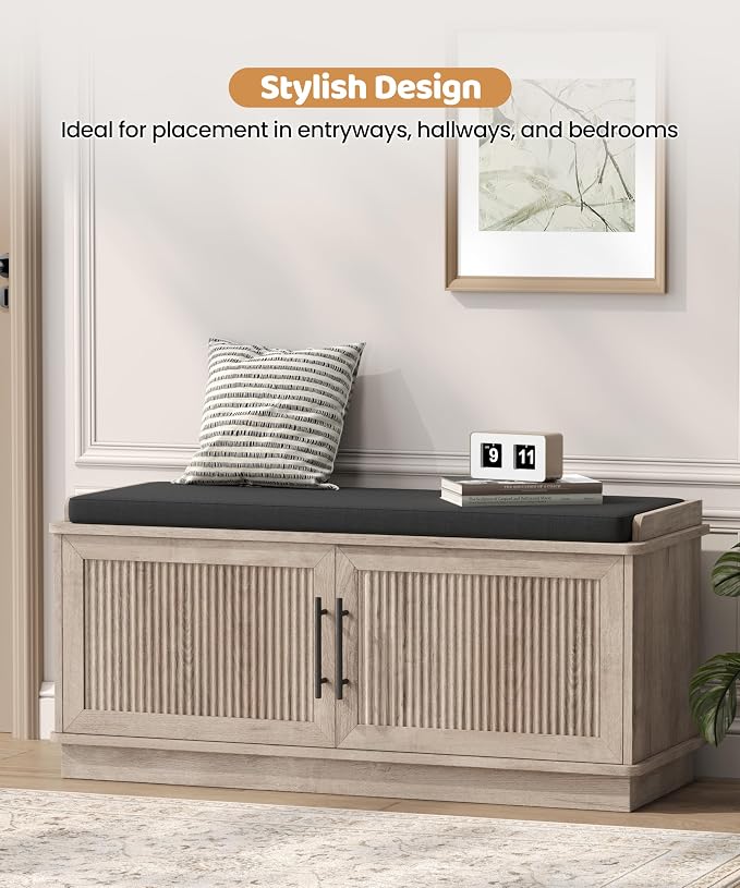 Akxomel Fluted Shoe Storage Bench with Cushion, 39.4" Entryway Bench with Adjustable Shelves and 2 Doors, Shoe Cabinet Bench with Curved Profile, for Hallway, Living Room, Bedroom, Greige