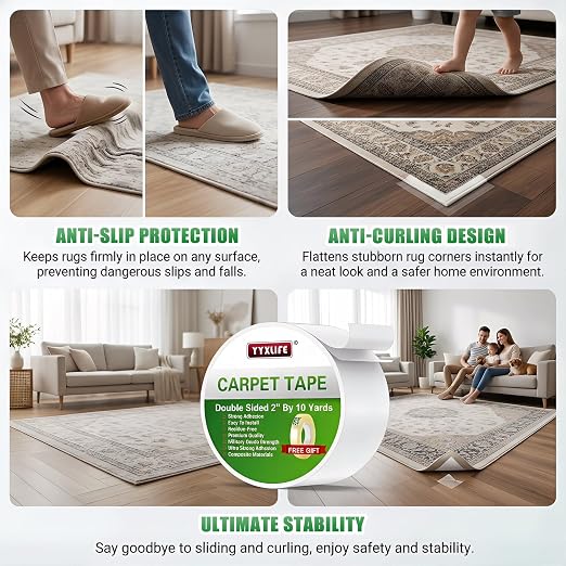 YYXLIFE Double Sided Removable Rug Tape - Carpet Adhesive for Hardwood Floors,Non Slip Anti Curling Floor Tape for Area Rugs,Mats,Carpets - No Residue Strong Hold for Tile, 2Inch x 10Yards,White