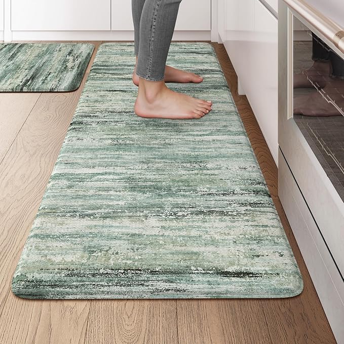 KIMODE Anti Fatigue Kitchen Mats for Floor 20"x47"+20"x32", Cushioned Abstract Kitchen Rugs Sets of 2, Padded Kitchen Floor Mats, Comfort Standing Mats for Laundry Office Sink Desk Green
