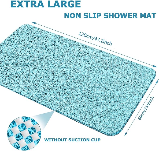godehone Shower Mats Non Slip Without Suction Cups, PVC Loofah Bathroom Mats, Loofah Mats for Shower and Bathroom, Quick Drying, 23.6× 47.2 Inch, Turquoise Blue