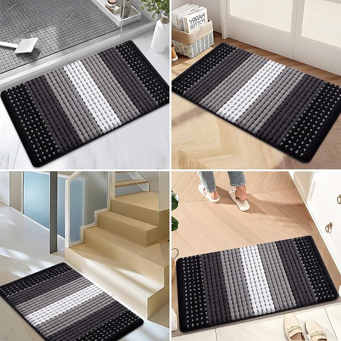Kitinjoy Indoor Outdoor Door Mat, 47x17 Non-Slip Absorbent Dirt Trapper, Low-Profile Washable Inside Entrance Front Floor Mat, Sturdy Soft Entry Dotted Ombre Doormats for Entryway, Black