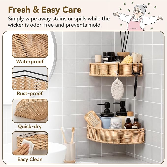 GRANNY SAYS 2 Pack Wicker Corner Shower Caddy Hanging, Shower Shelf for Inside Showers, Adhesive Shelves for Bathroom Organizers and Storage, Bathroom Shelves Wall Mounted for Home Decor, Natural