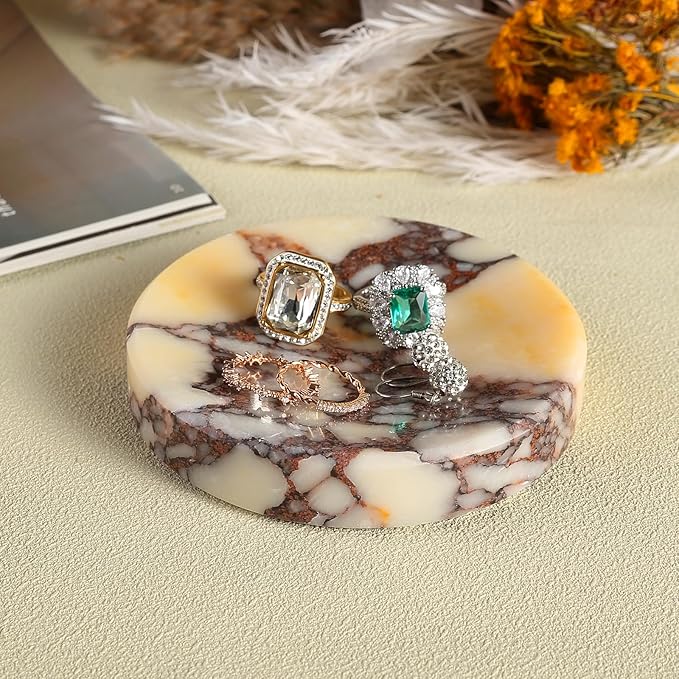 Koville Marble Jewelry Dish, Small Round Trinket Dish for Ring Necklace Earring, 4" Decorative Dish, Natural Stone Soap Dish for Bathroom Kitchen