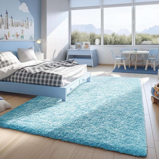 Ophanie Light Blue Rug, Boys 4x6 Rugs for Bedroom Carpet Nursery Aesthetic, Kids Playroom Area Rugs for Girls Teen Home Decor, Fluffy Shag Bedside Floor Living Room Carpets