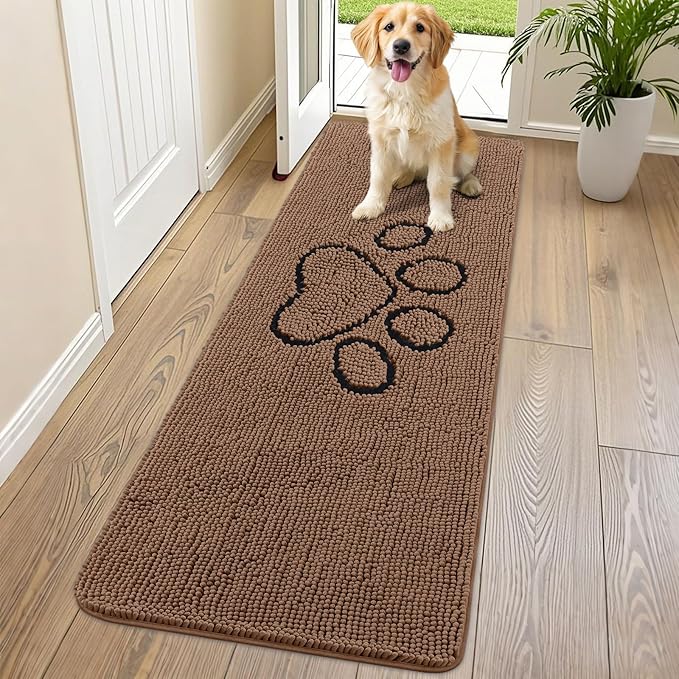 Smiry Dog Door Mat for Muddy Paws, Absorbent Dirt Trapper Non Slip Quick Dry Washable Chenille Mat for Mud Dogs, Entry Rug for Indoor and Outdoor (70x24 Inches, Coffee and Black)