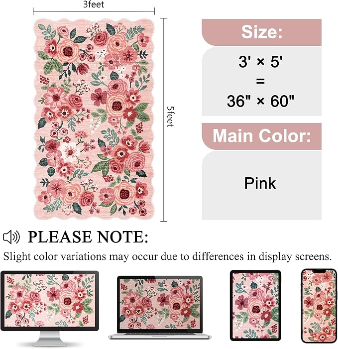 DUKINO 3x5 Area Rug, Floral Non-Slip Indoor Washable Rug with Low Pile & Non-Shedding, Lightwight Boho Design Carpet for Entryway, Bedroom, Kids Room, Living Room, Kitchen, Pink