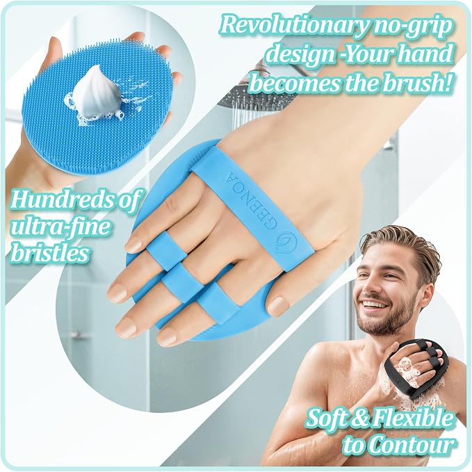 Silicone Back & Face Scrubber & Bath Glove Set 3PCS, 13.4'' Gentle Back Scrubber with Dual-Side Head, 360° Anti-Slip Bath Glove, Unique Side-bristled Face Scrubber for All-Round Cleaning(Blue)