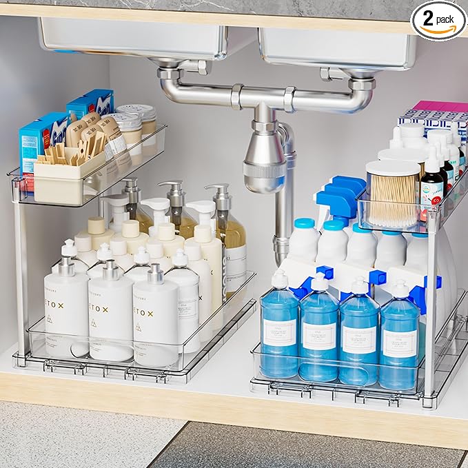 Yieach 2 Pack 14.5″ Deep Pull Out Under Sink Organizer,10.8″ High 2 Tier Slide Out Cabinet Organizer for Kitchen Cabinet,Undersink Organizers,Under Sink Shelves,Bathroom Organizers and Storage,Clear